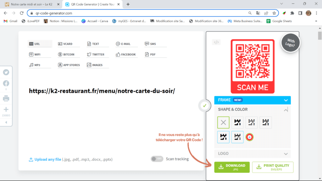 Une fois l'image enregistrée, vous pouvez désormais imprimer votre QR code, et il ne vous reste plus qu’à le coller sur les tables de votre établissement. Vous pouvez également le mettre en avant sur votre comptoir à emporter, sur des flyers, chevalets, dessous de verres…